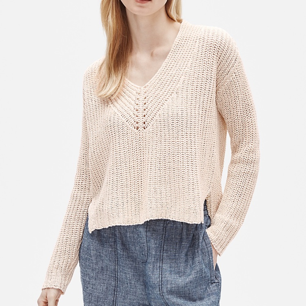Eileen Fisher organic cotton linen blend crop boxy textured open knit sweater